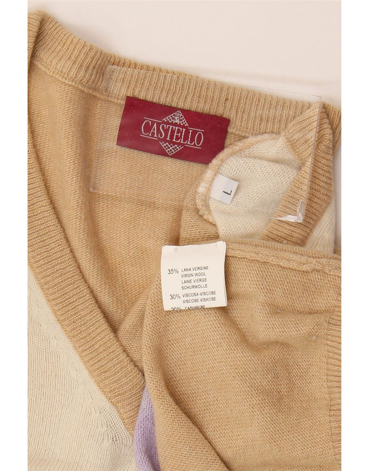 Castello Jersey con Cuello en V para Hombre Large Beige Argyle/Diamond Virgin Wool