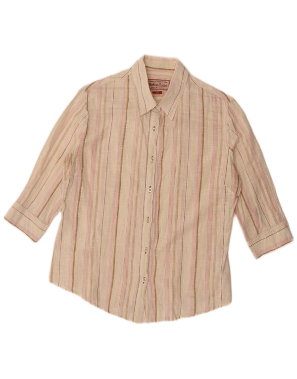 Marlboro Classics Camisa de manga 3/4 para mujer UK 40 XL Beige Rayas