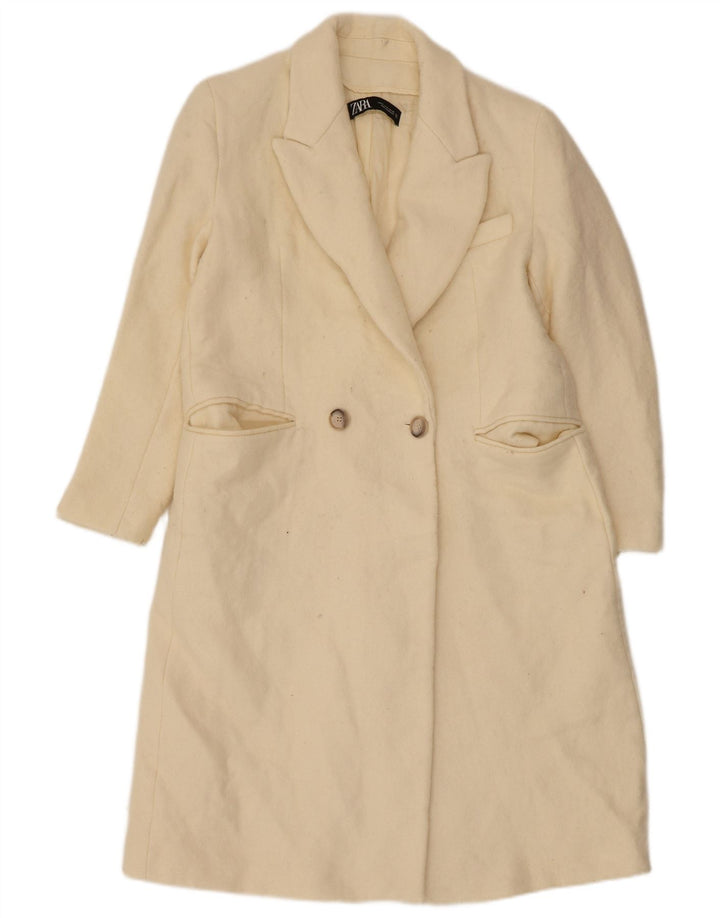 Zara Mujer Abrigo De Doble Botonadura UK 44 Mediano Lana Blanca
