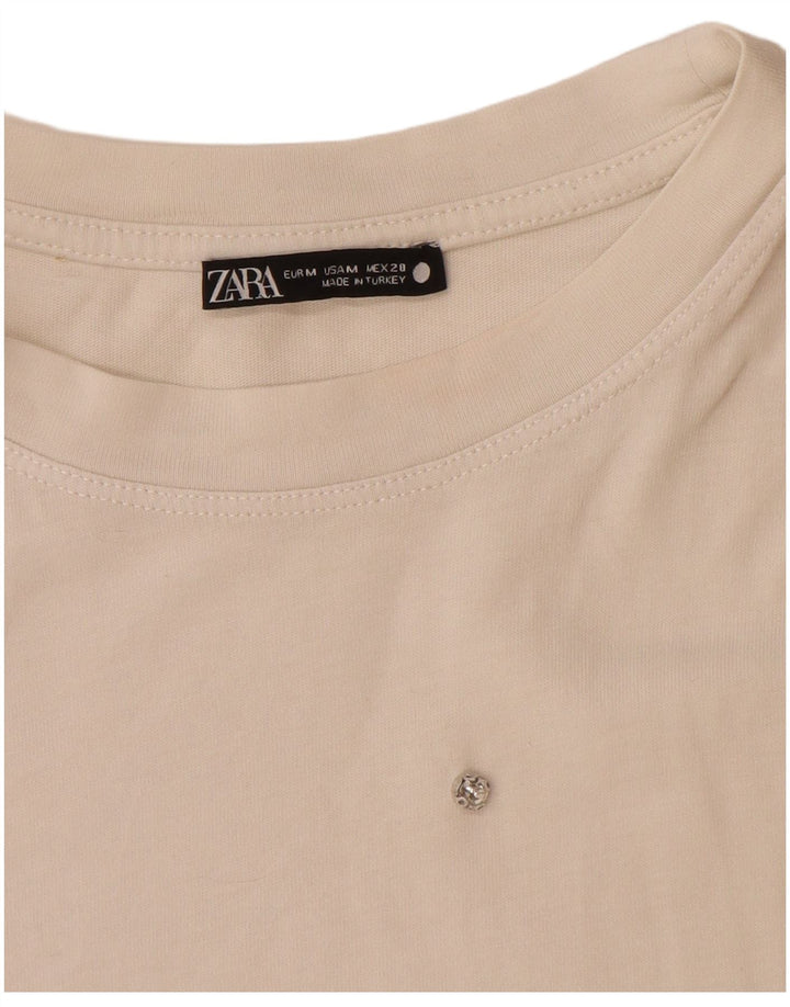 Zara Mujer Camiseta Top UK 44 Medio Blanco Algodón