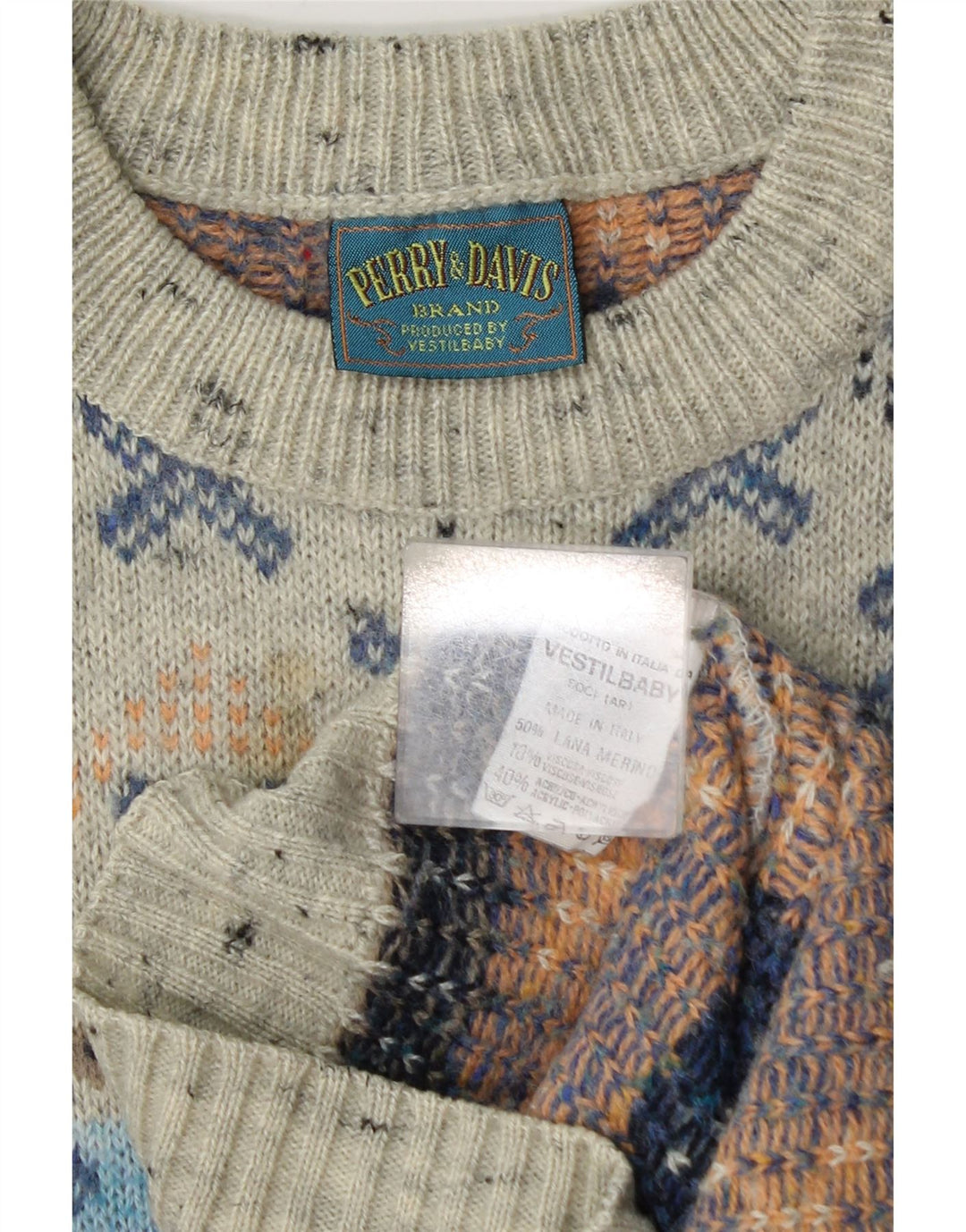 Vintage hombres barco cuello jumper suéter gris medio lana geométrica