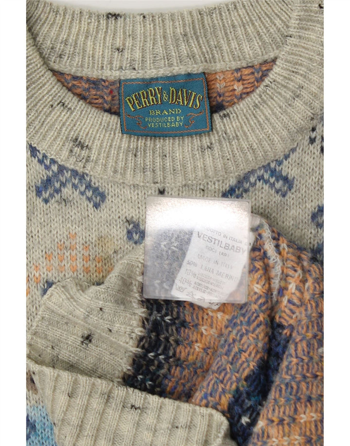 Vintage hombres barco cuello jumper suéter gris medio lana geométrica