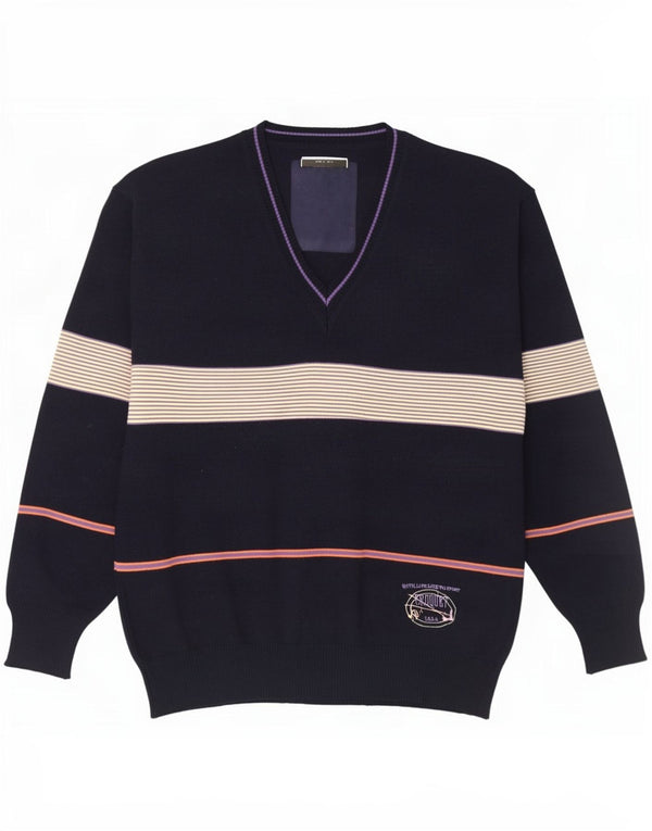 Life Line Jersey con Cuello en V para Hombre IT 50 Medium Azul Marino Lana a Rayas