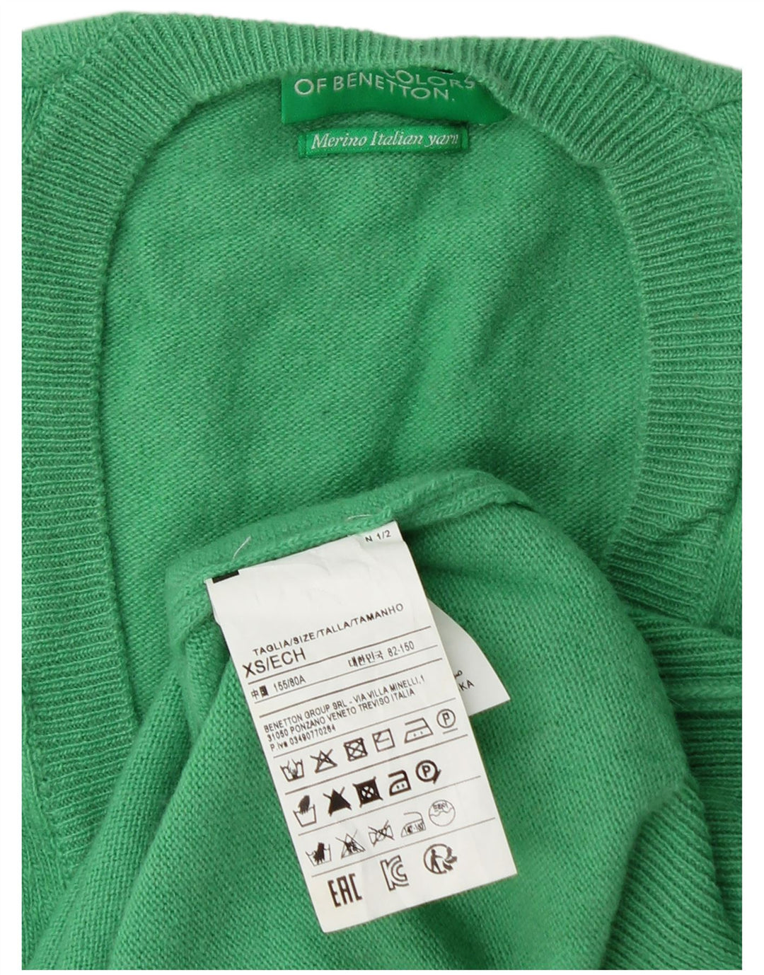 BENETTON Jersey con cuello en V para mujer UK 6 XS Lana virgen verde