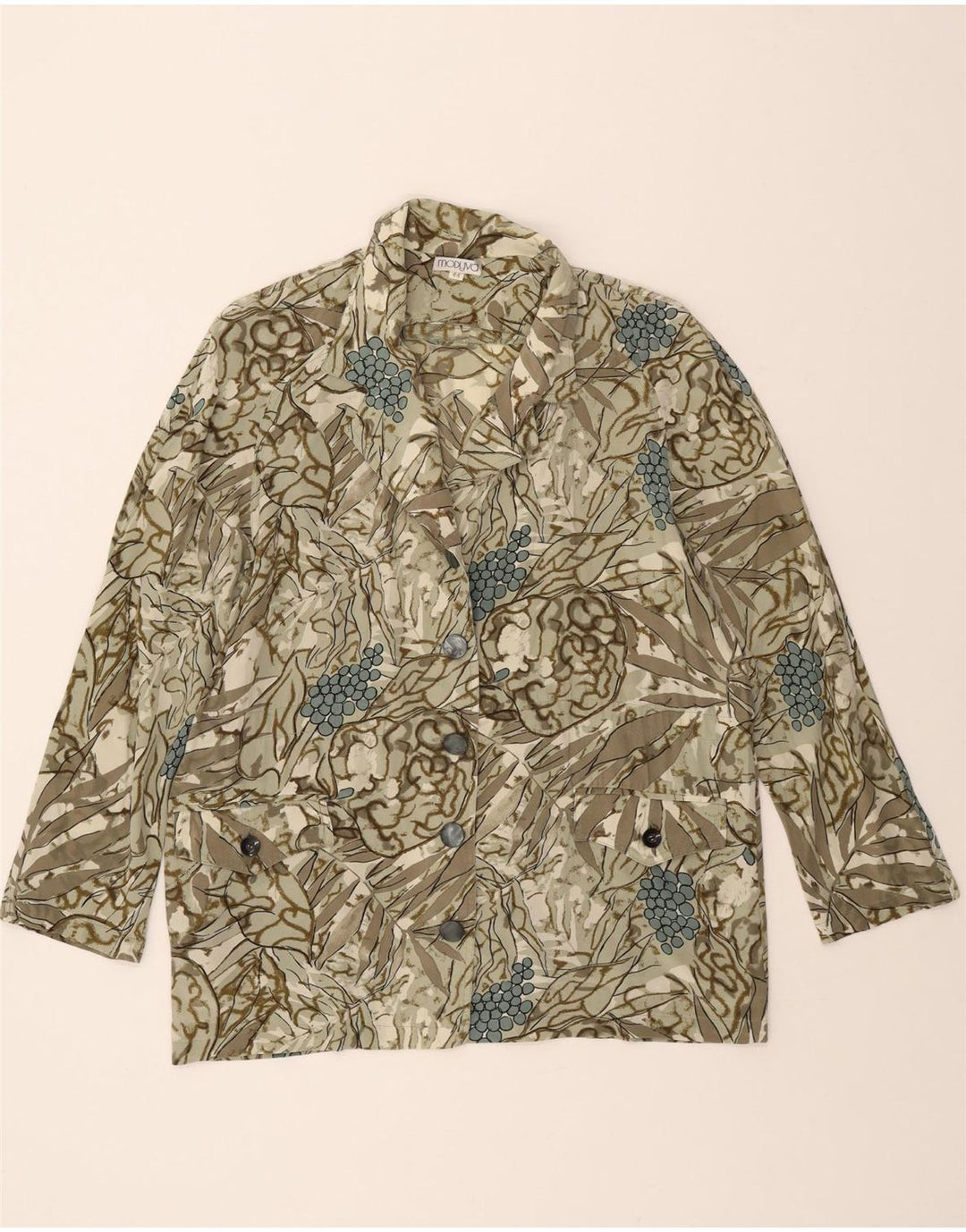 MODYVA Womens 5 Button Blazer Jacket IT 44 Medium Green Floral Silk Vintage Modyva and Second-Hand Modyva from Messina Hembry 