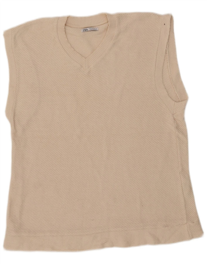 Zara Hombre Chaleco Sin Mangas Camiseta Mediana Off White Algodón