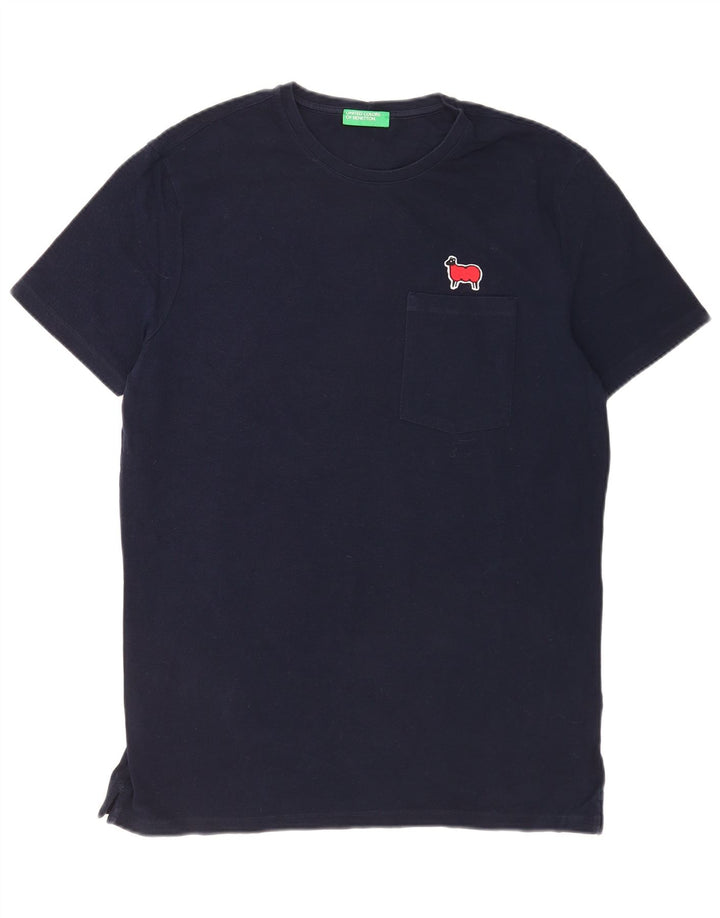 Benetton Hombre Camiseta Top Large Azul Marino Algodón