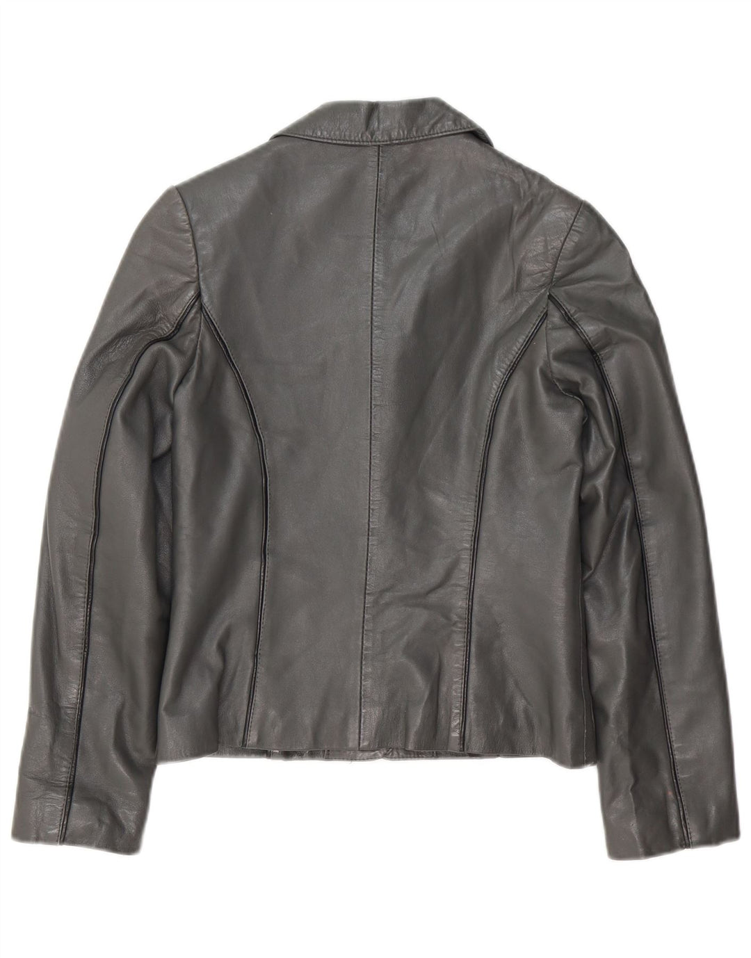 Vintage mujer crop 3 botón cuero blazer chaqueta Reino Unido 8 pequeño cuero gris