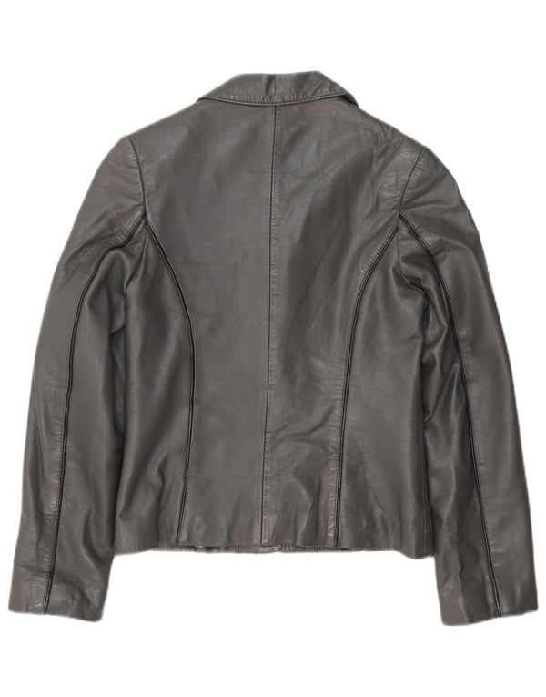 Vintage mujer crop 3 botón cuero blazer chaqueta Reino Unido 8 pequeño cuero gris