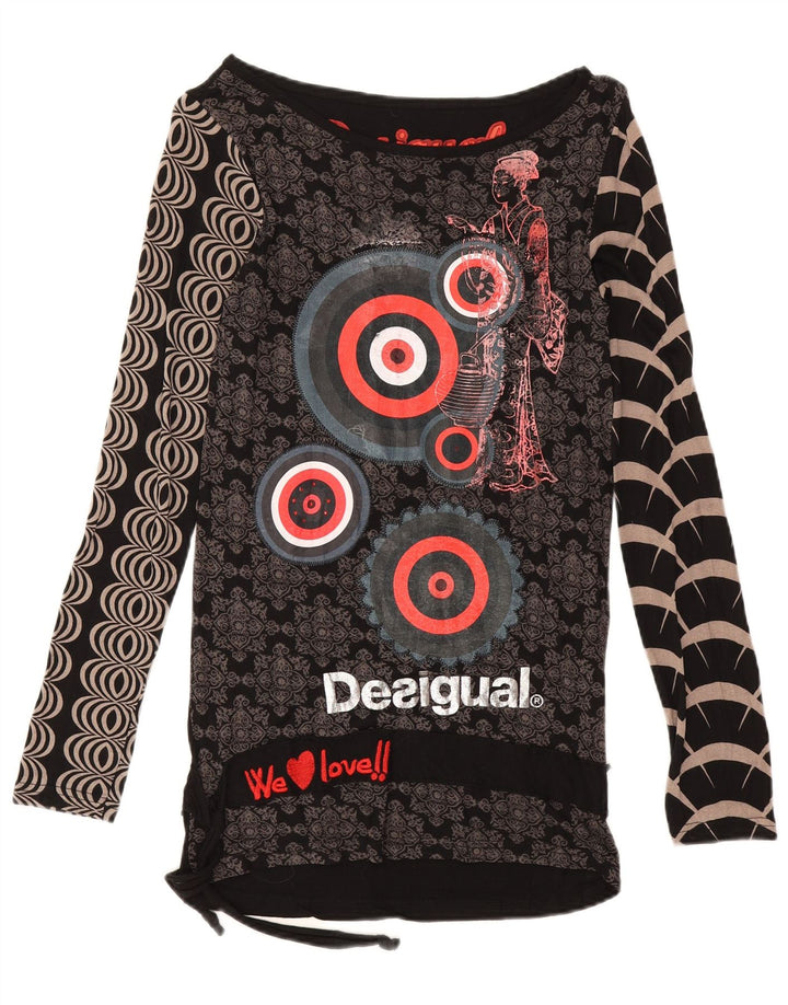Desigual Mujer Gráfico Top Manga Larga Reino Unido 12 Medio Negro Viscosa