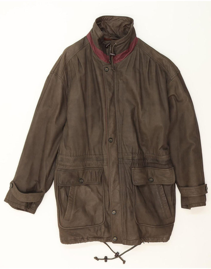 VINTAGE Mens Leather Coat IT 50 Large Khaki Leather Vintage Vintage and Second-Hand Vintage from Messina Hembry 