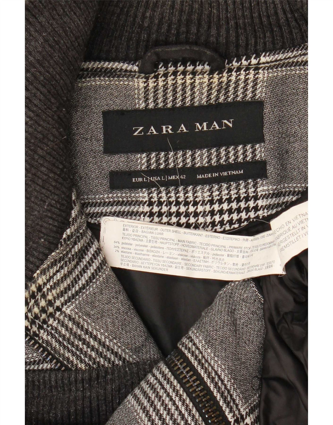 Zara Mens Bomber Jacket UK 40 Grande Gris Pata De Gallo Poliéster