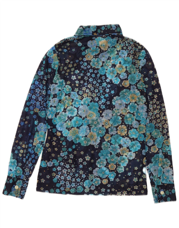 VINTAGE Mujer Camisa Blusa Reino Unido 10 Pequeño Azul Marino Floral Poliamida