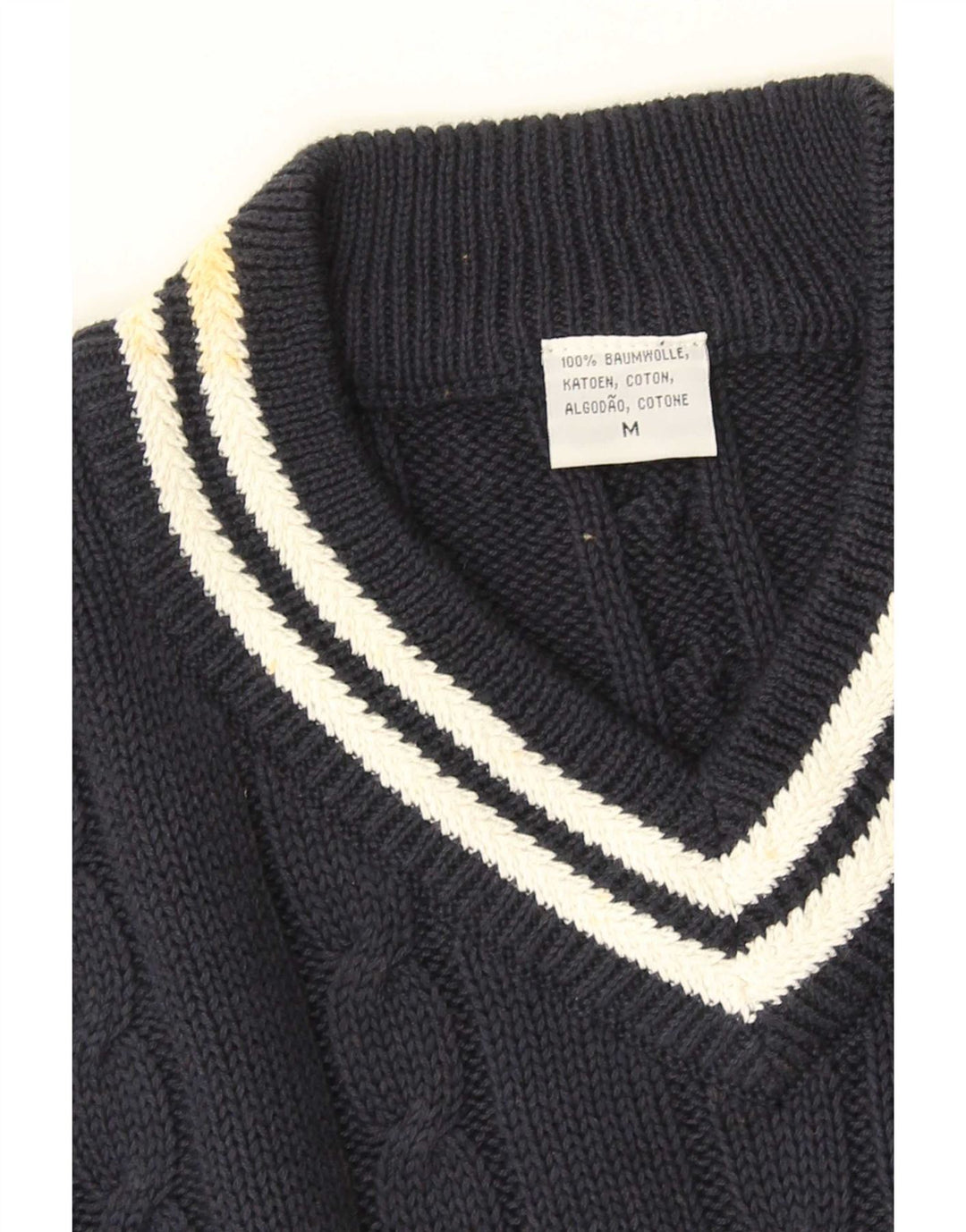 Vintage hombres V-cuello jumper suéter medio azul marino algodón