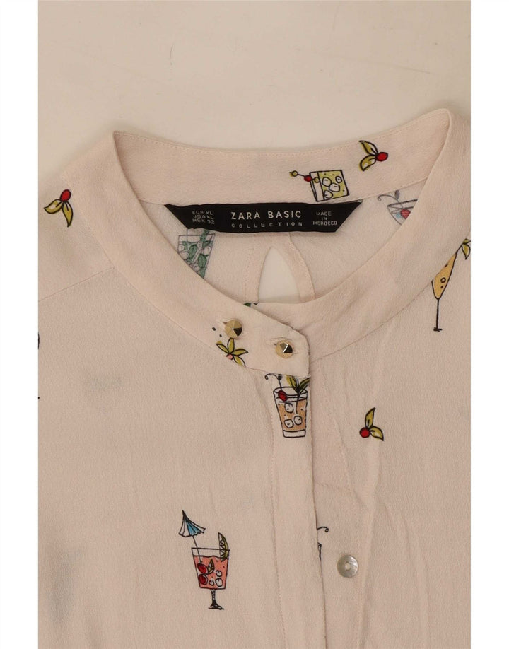 Zara Mujer Blusa Camisera Con Estampado Abstracto UK 40 XL Blanco