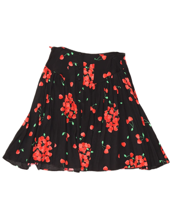 Vintage mujer cintura alta A-Line falda IT 46 Grande W29 Viscosa floral negra