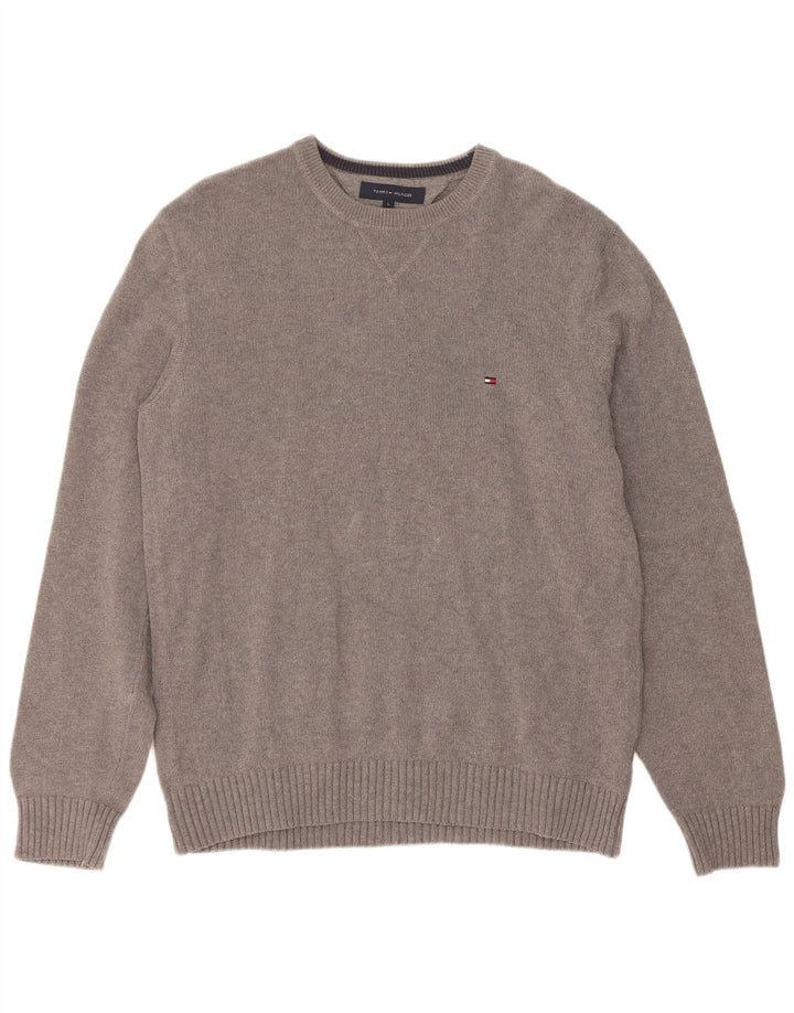 Tommy Hilfiger Suéter tipo jersey con cuello redondo para hombre, talla grande, gris