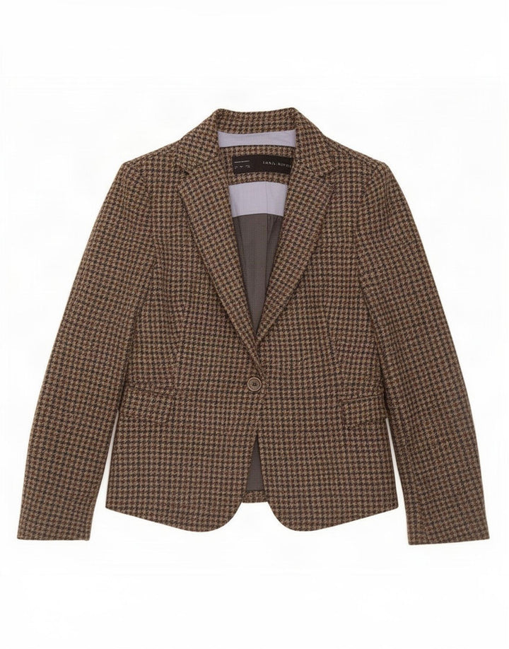 Zara Mujer Chaqueta Blazer De 1 Botón UK 10 Small Lana De Pata De Gallo Marrón