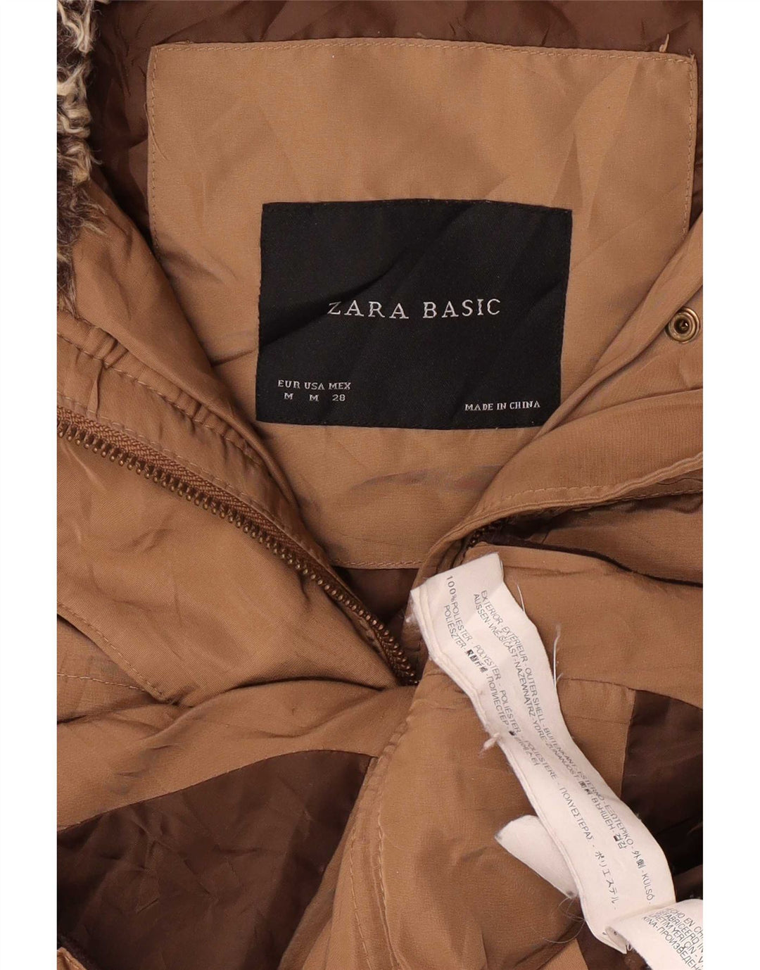 Zara Mujer Chaqueta Acolchada Con Capucha UK 44 Poliéster Beige Medio