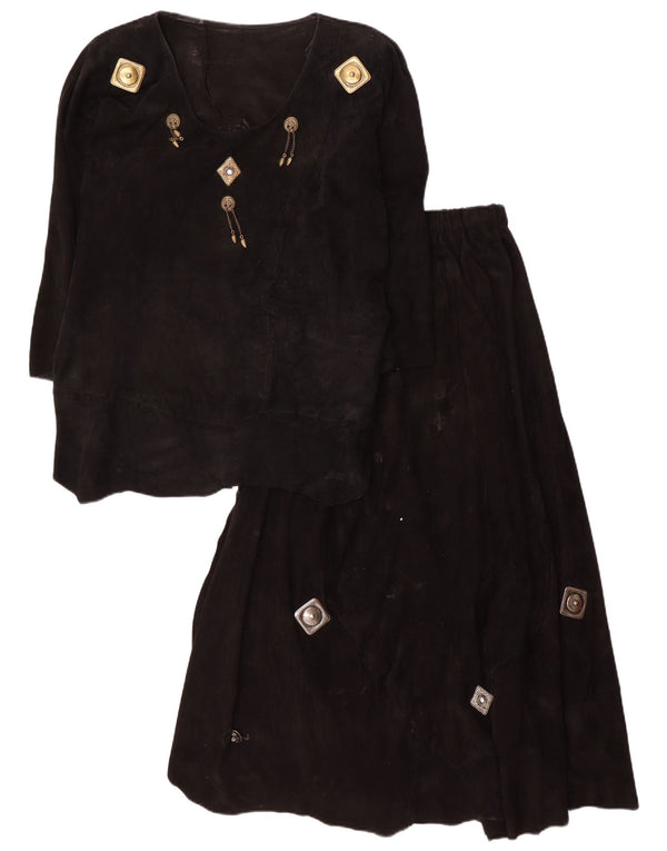 Vintage mujer 3/4 manga ante 2 piezas falda conjunto Reino Unido 12 mediano W28 negro