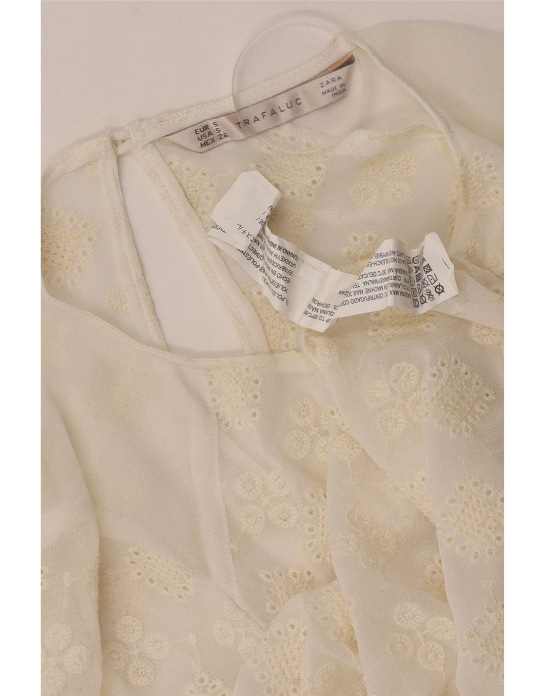 Zara Mujer Top Transparente UK 10 Pequeño Poliéster Floral Blanco Roto
