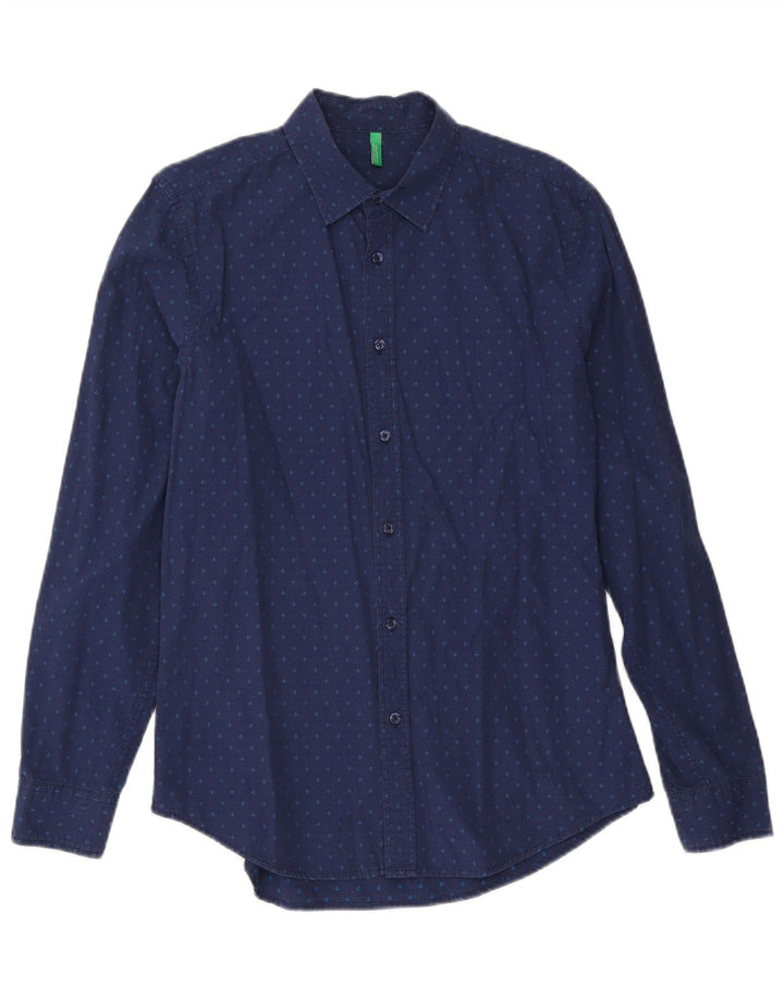 Camisa Benetton Hombre Large Algodón Lunares Azul Marino