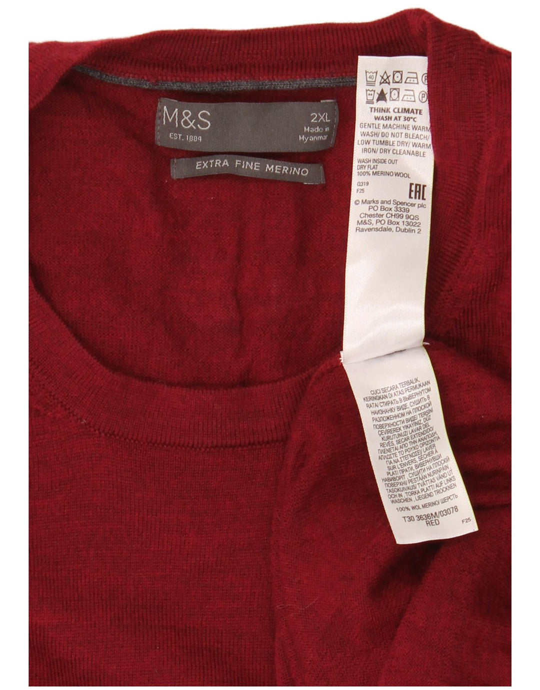 Marks & Spencer Jersey con Cuello Redondo para Hombre XL Lana Merino Roja