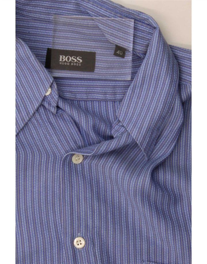 Camisa Hugo Boss Hombre Talla 40 Algodón Rayas Azul Medio Clásica