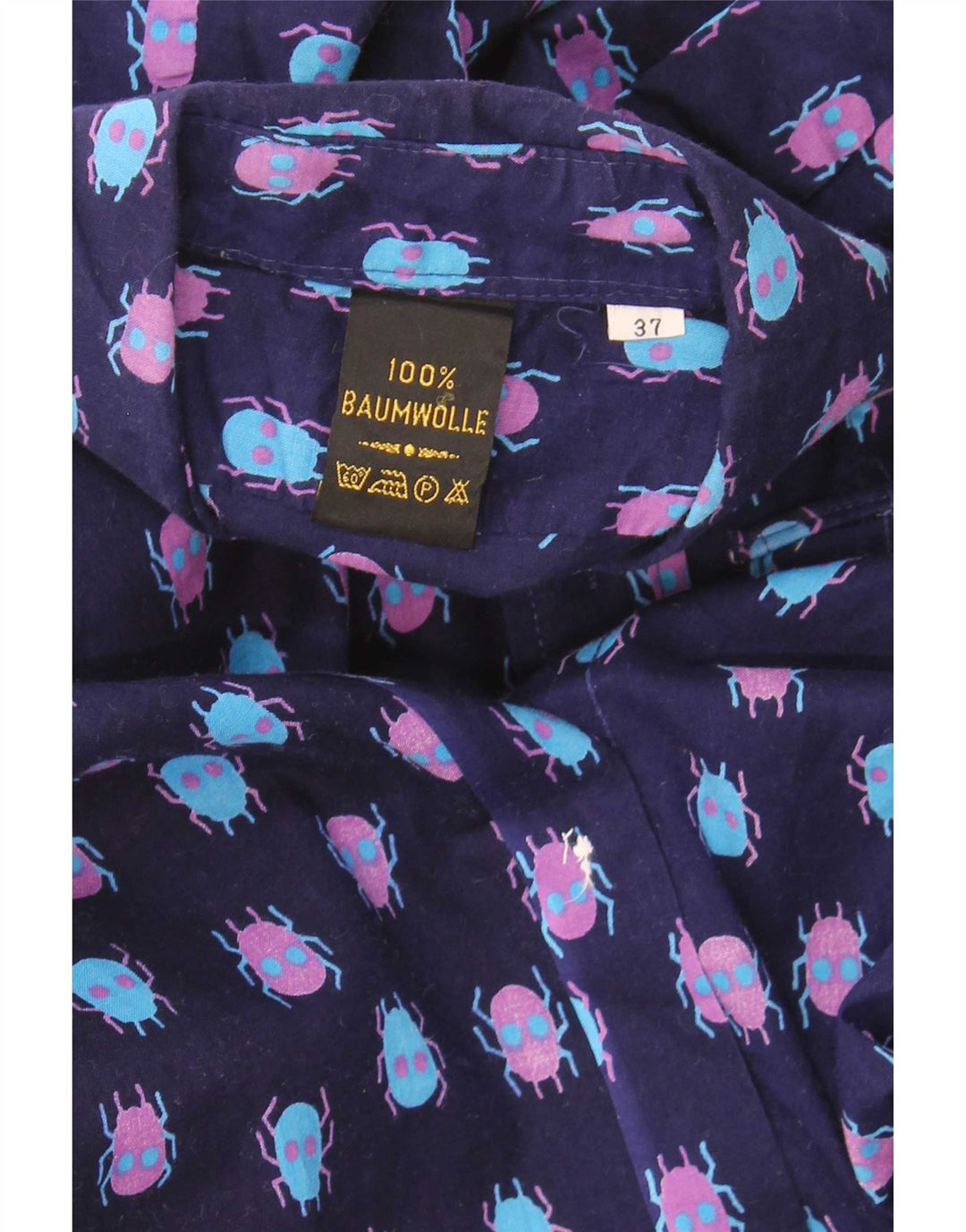 Vintage hombres patrón abstracto camisa tamaño 37 pequeño algodón azul marino