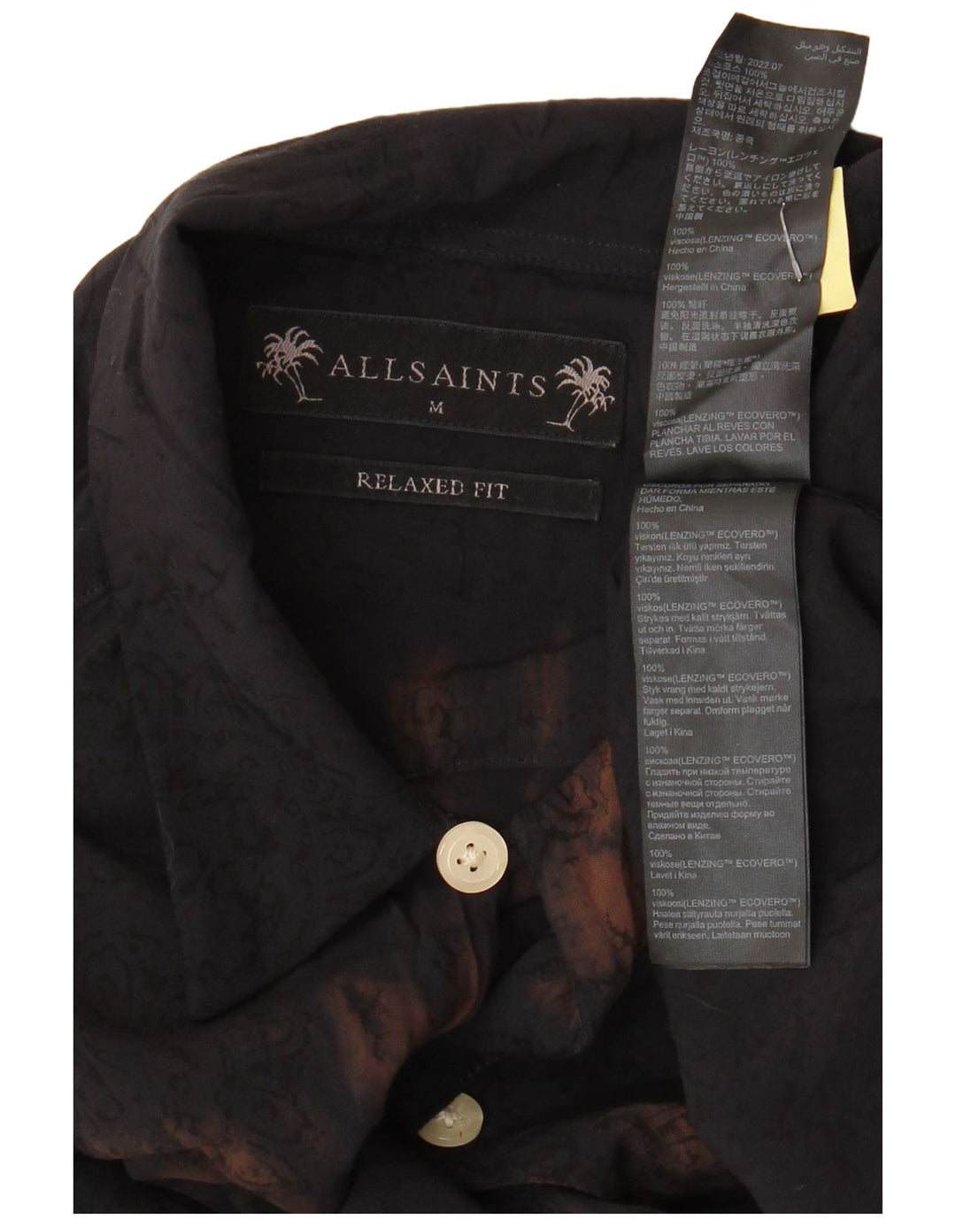 ALL SAINTS Camisa de manga corta de corte relajado para hombre Tinte anudado negro mediano