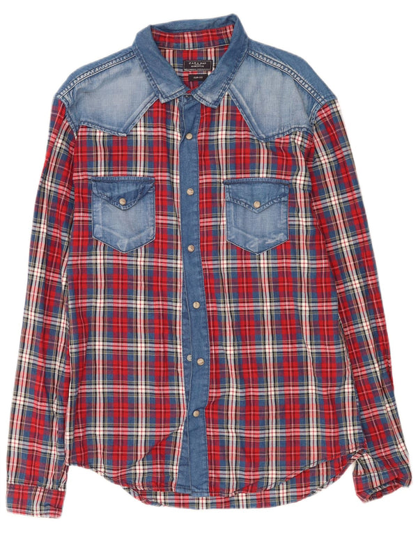 Zara Hombre Camisa Western Slim Fit XL Algodón Cuadros Rojos