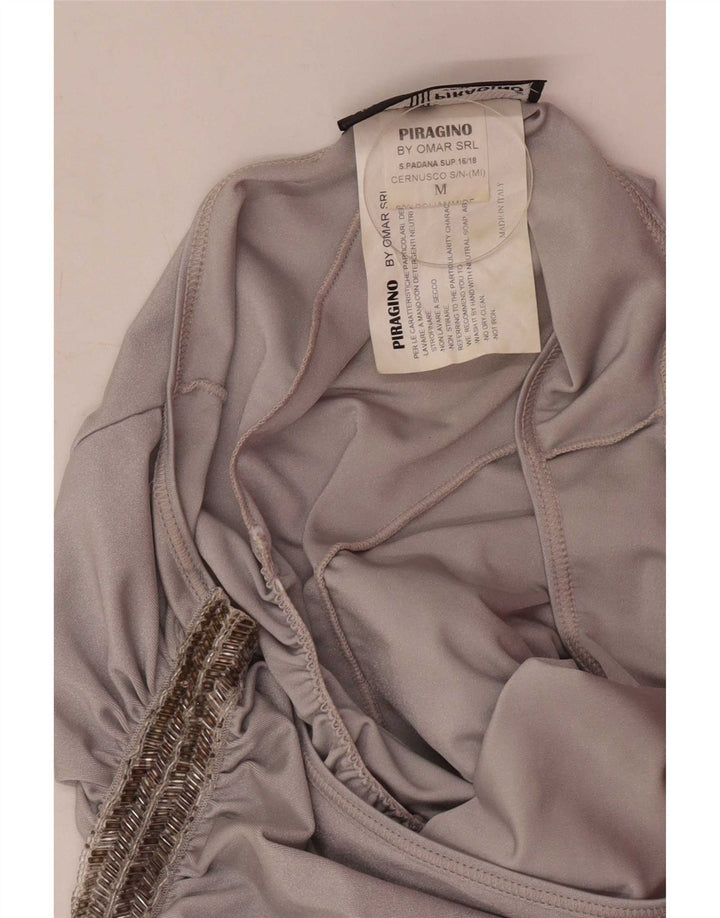 Vintage mujer un hombro vestido Reino Unido 12 medio plata poliamida