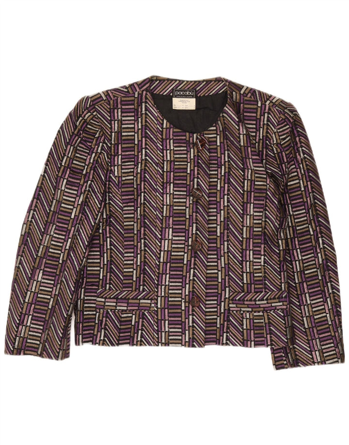 Vintage mujer 4 botones Blazer chaqueta Reino Unido 14 medio púrpura seda geométrica