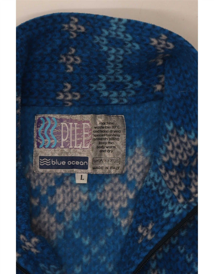 Vintage hombres zip cuello jumper suéter grande azul geométrico