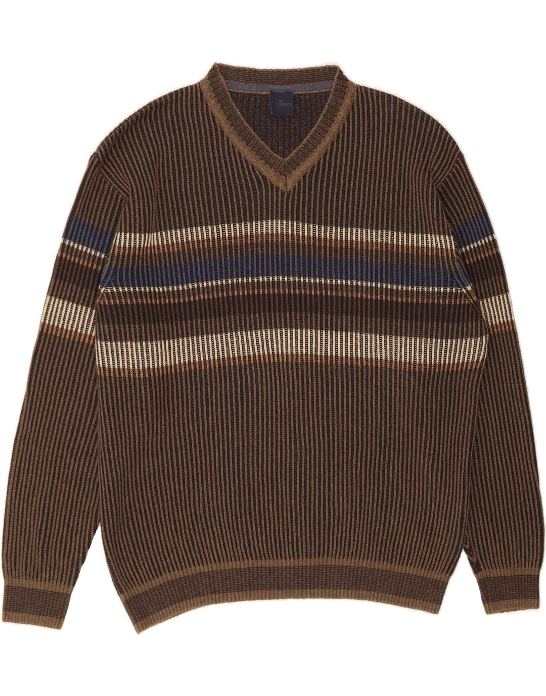 ENGBERS Jersey con cuello en V para hombre de algodón a rayas marrón grande