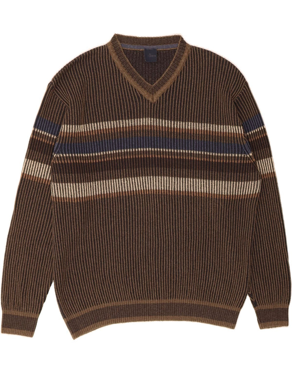 ENGBERS Jersey con cuello en V para hombre de algodón a rayas marrón grande