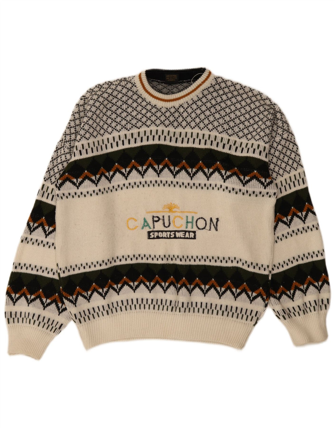 Vintage hombres gráfico cuello redondo jersey suéter medio blanco geométrico retro