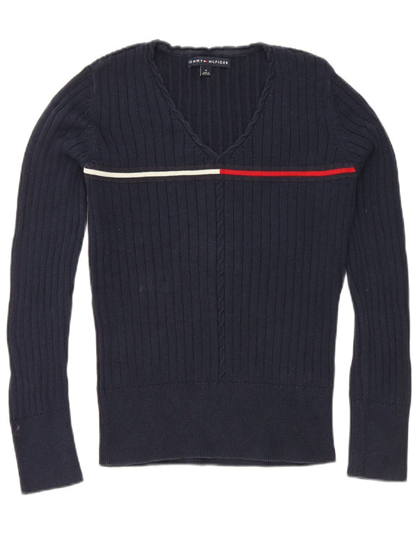 Tommy Hilfiger Suéter con cuello en V para mujer UK 12 Algodón azul marino mediano