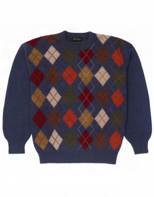 Vintage Mens Crew Neck Jumper Sweater Large Navy Blue Argyle/Diamond