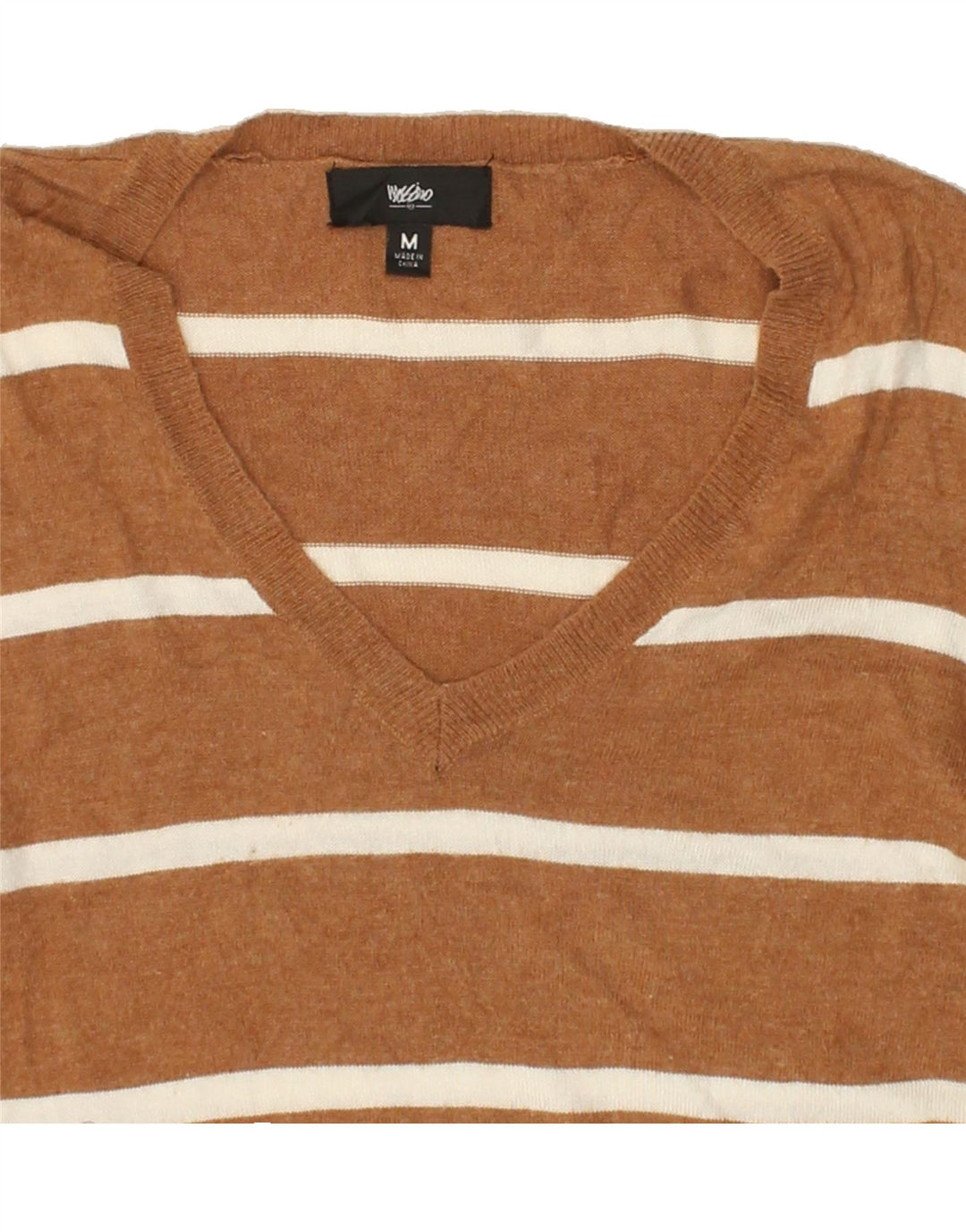 MOSSIMO Womens V-Neck Jumper Sweater UK 14 Medium Brown Striped Nylon Vintage Mossimo and Second-Hand Mossimo from Messina Hembry 