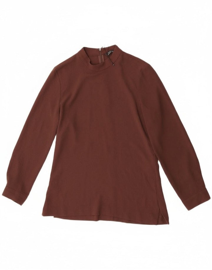 Zara Mujer Blusa Manga Larga Top UK 10 Small Marrón Poliéster