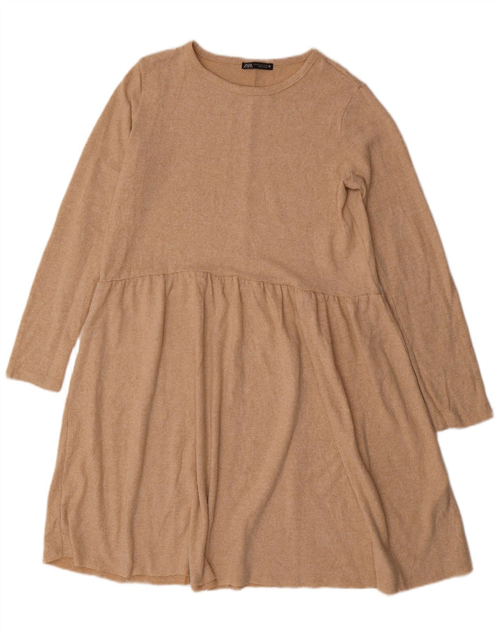 Zara Mujer Vestido Jersey De Manga Larga UK 44 Poliéster Beige Medio