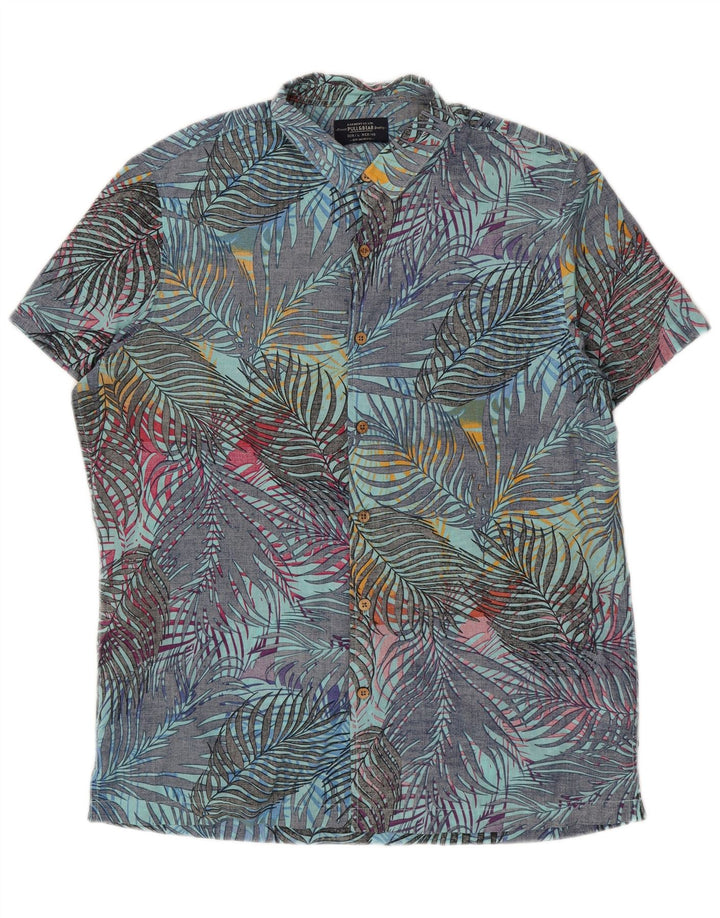 Pull & Bear Camisa de manga corta para hombre, talla grande, azul, floral, algodón, hawaiana