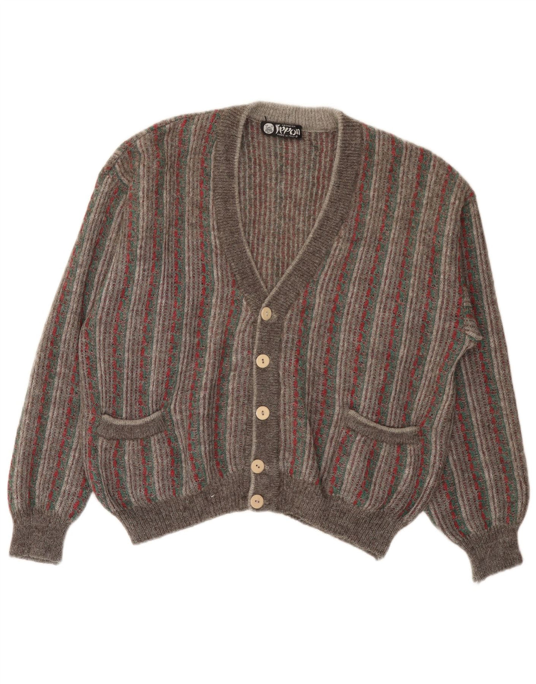 Vintage hombres Cardigan suéter grande gris rayas
