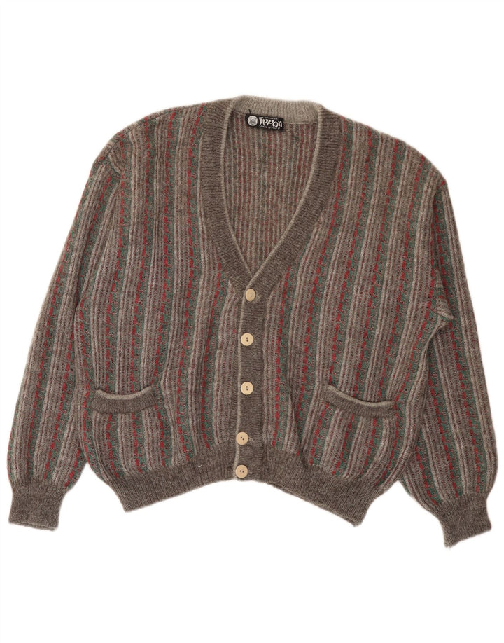 Vintage hombres Cardigan suéter grande gris rayas
