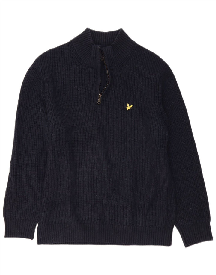 Lyle & Scott Jersey con cuello y cremallera para hombre, talla grande, lana azul marino