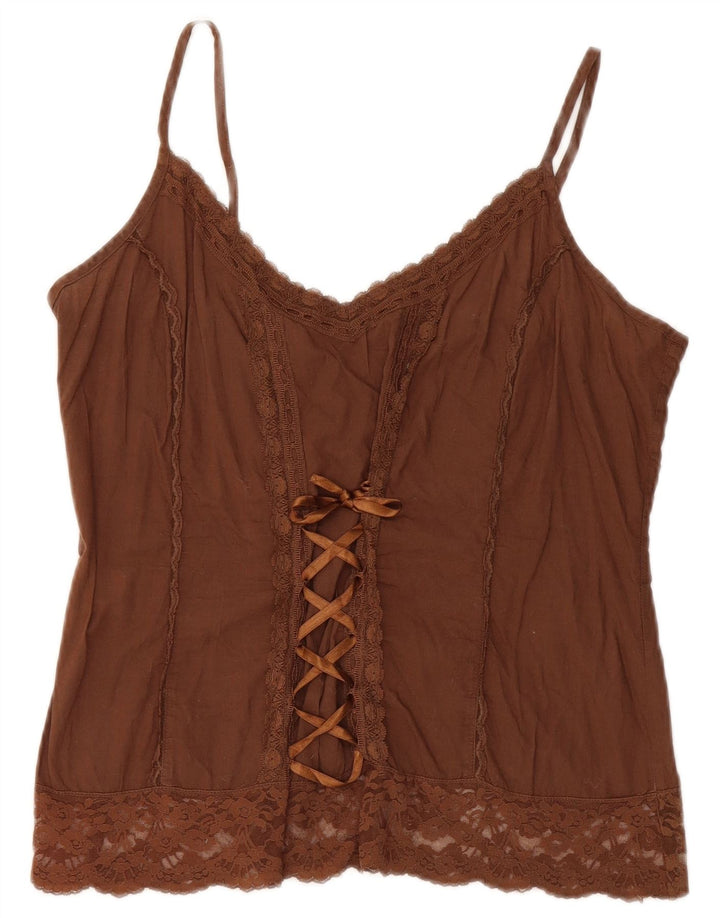 Benetton Top Corto De Tirantes Mujer UK 42 Algodón Marrón Medio