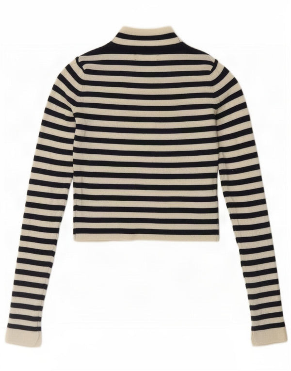 Zara Mujer Crop Top Manga Larga UK 10 Small Azul Marino Rayas Nylon