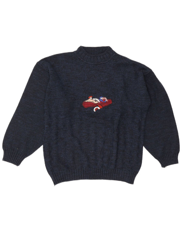 Vintage hombres gráfico tortuga cuello jumper suéter grande azul marino