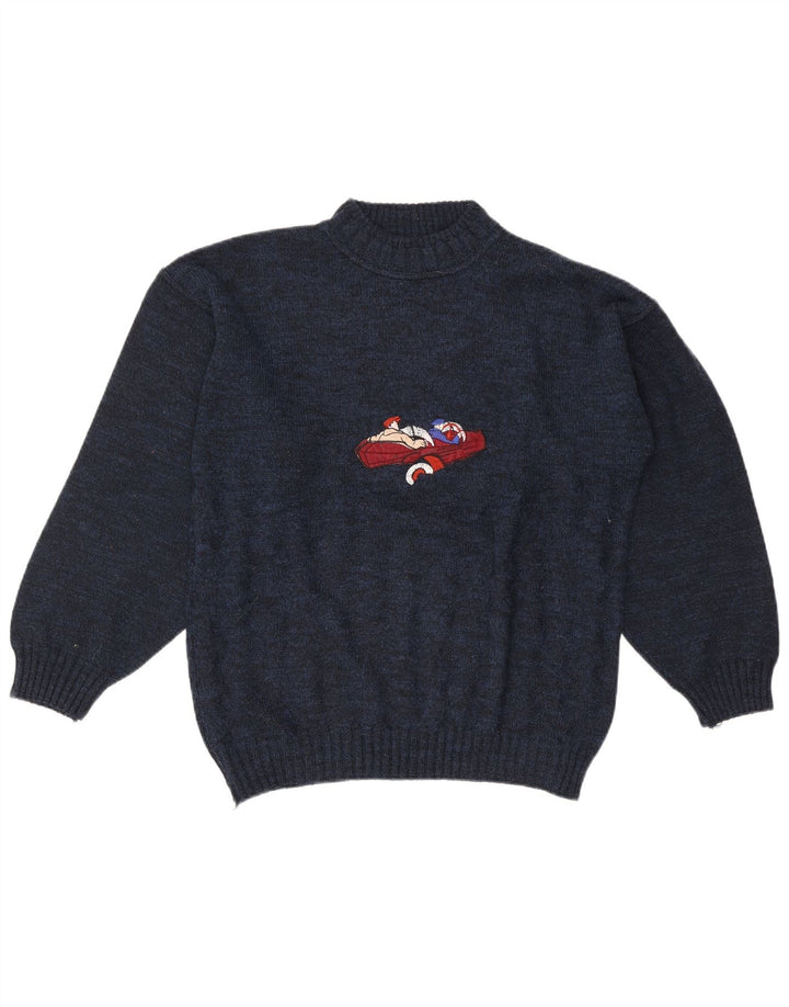 Vintage hombres gráfico tortuga cuello jumper suéter grande azul marino